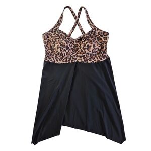 Daci Leopard Print Asymmetrical Swim Dress Top Black Tan Animal Print 24W